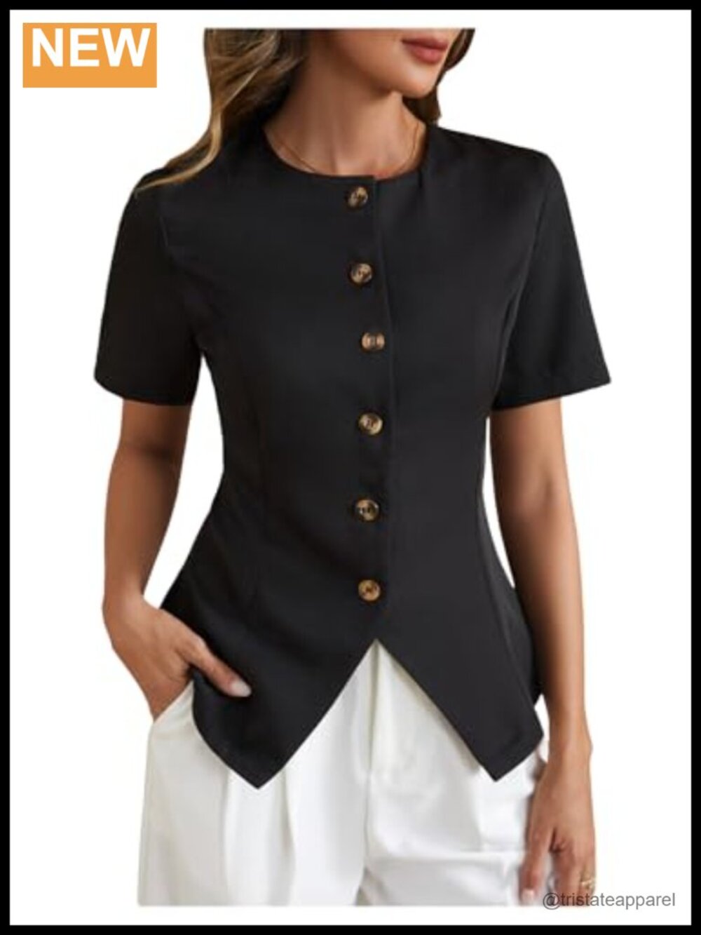 Women's Short Sleeve Button Down Crew Neck Blouse Asymmetrical Hem